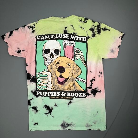 Linda Finegold Tie Dye Tee M Puppies & Booze Graphic Skeleton Dog Shirt - Picture 2 of 5